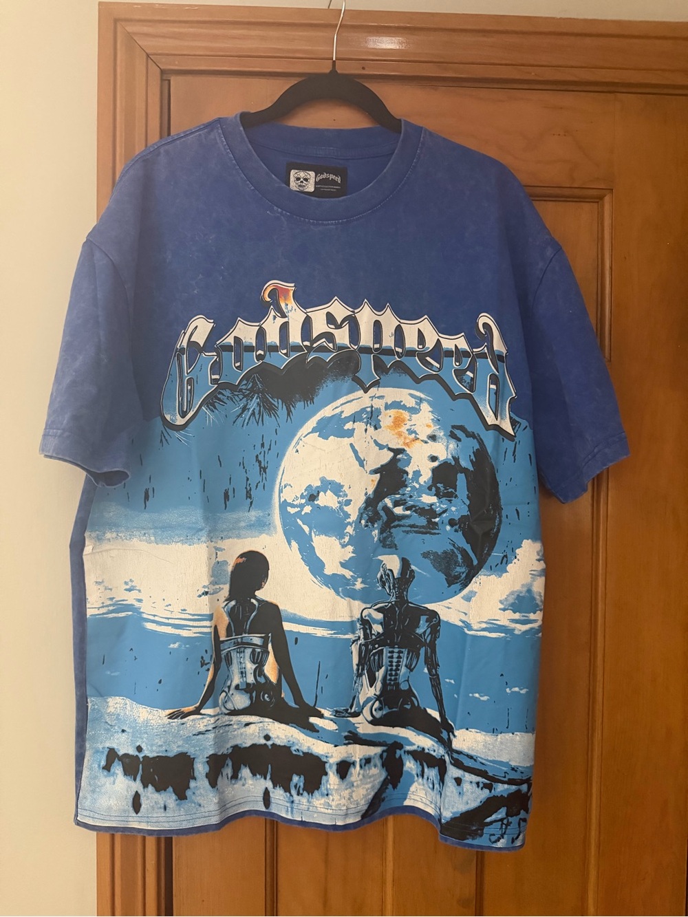 Mens Godspeed Blue Graphic Tee with Earth & Figures